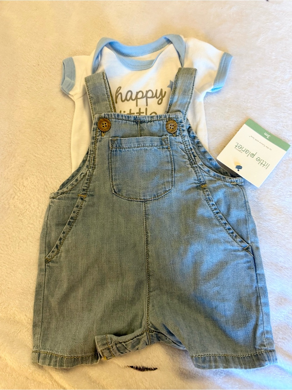 Light Blue Denim Baby Overall Shorts Set with Graphic Bodysuit - Little Planet